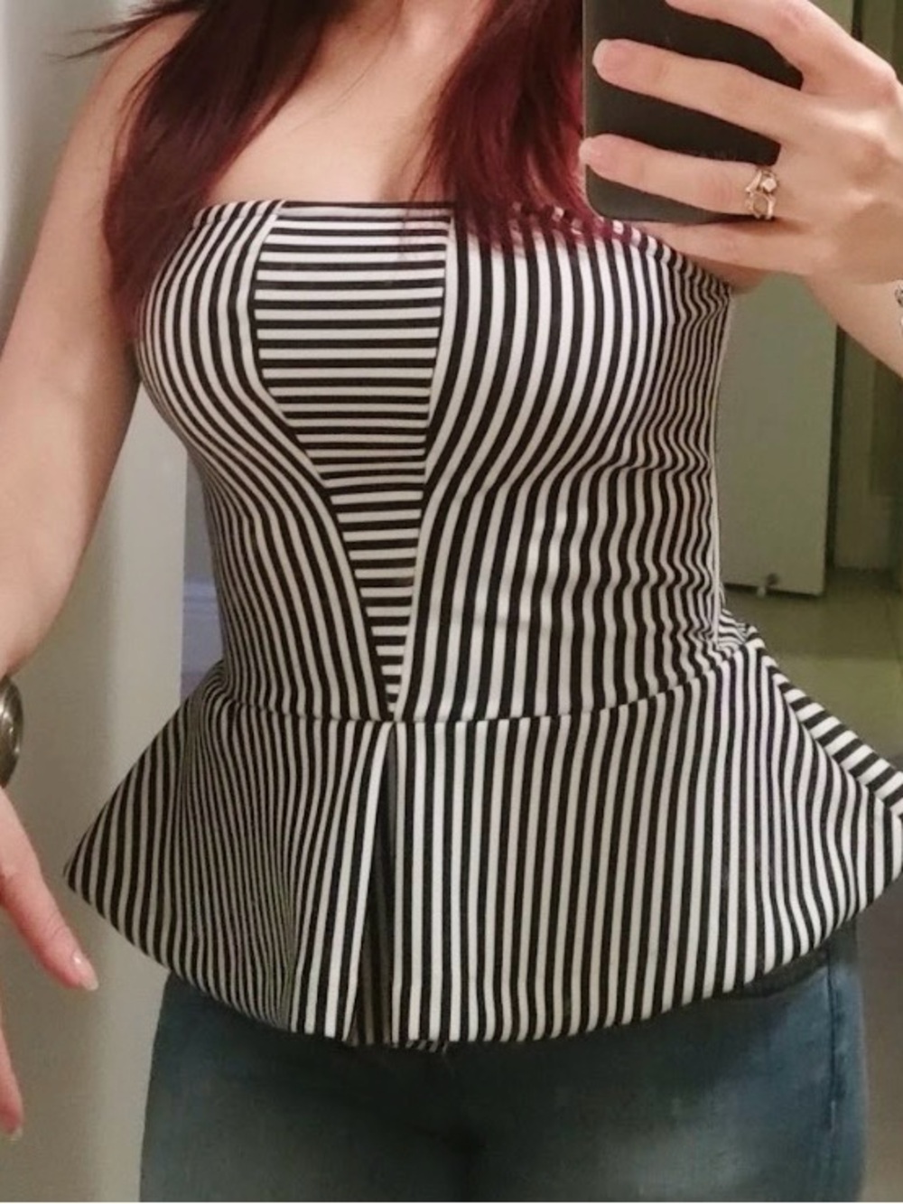 Guess Black and White Striped Strapless Peplum Top